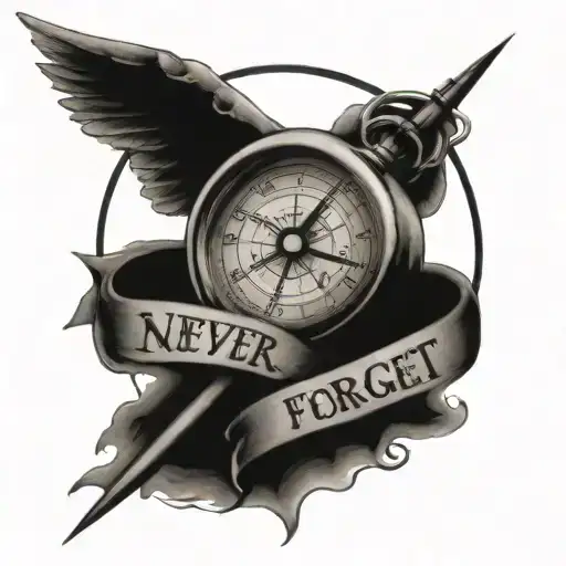 Clock with hands facing pointing to 1 saying never forget with a compass rose tattoo design idea