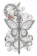 red butterfly wings made of swirl/smoke/fire with a sword body and a red fire flame crown  tattoo design idea