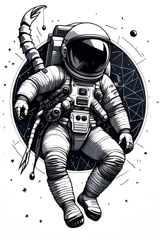 astronaut floating in space with geometric zodiac scorpio background tattoo design idea