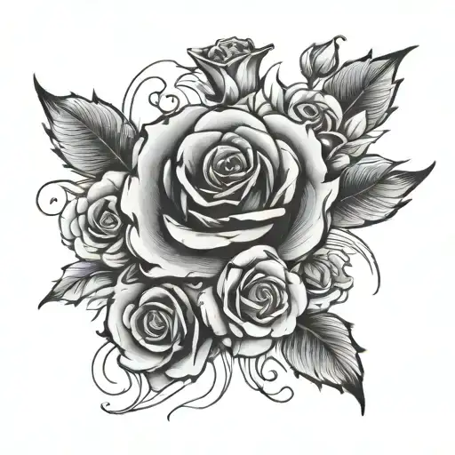 Fine line tattoo of a rose flower with a violet flower bouquet black and white  tattoo design idea