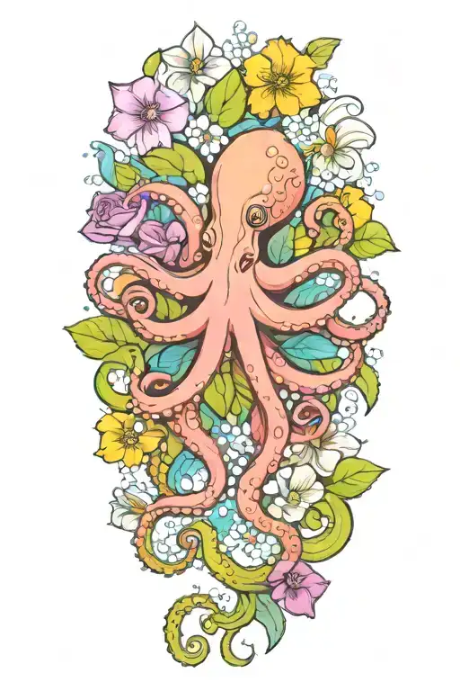octopus, snowdrop, rose,  marigold flower tattoo design idea