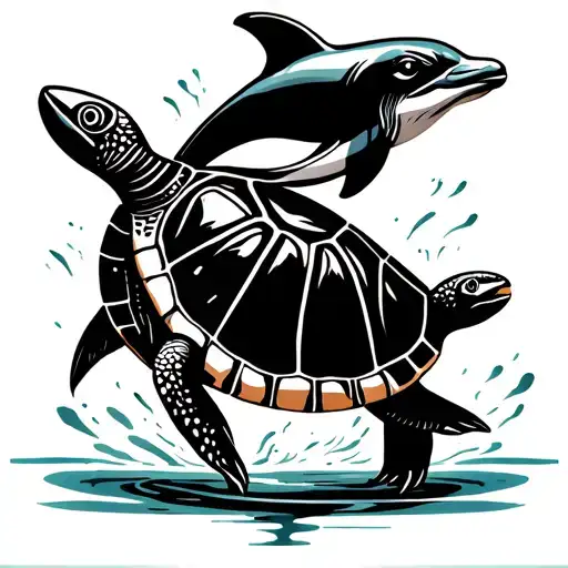 tortoise on land meeting dolphin in water tattoo design idea