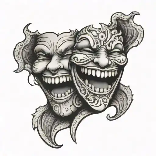 smile face mask split in half tattoo design idea