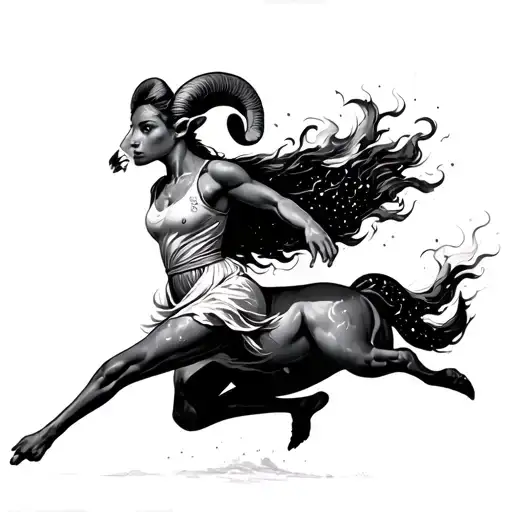 The ram in motion, with strokes of fire - strength and impulse.💫 2) the constellation of Aries with a woman running tattoo design idea