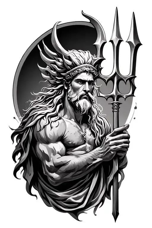 make me a poseidon tattoo idea with not too much detail but also a very nice looking tattoo with his trident overlapping tattoo design idea