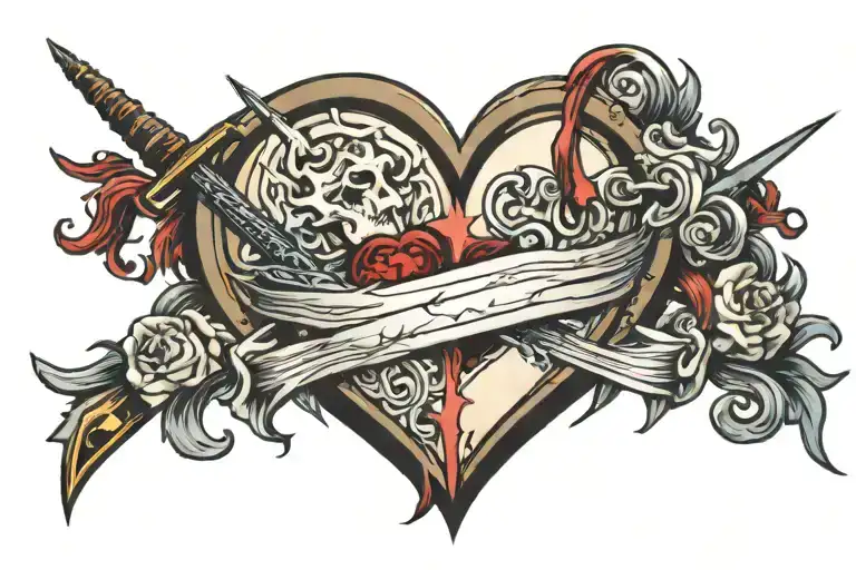 wrath and mercy heart impaled by a sword embedded tattoo design idea