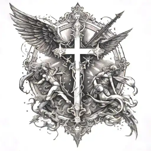 A celestial battlefield with angels and demons fighting, with a cross as the central focus tattoo design idea