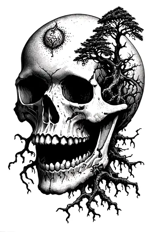 skull with vibes and tree roots coming out the mouth, and a small poison tree on the forehead  tattoo design idea