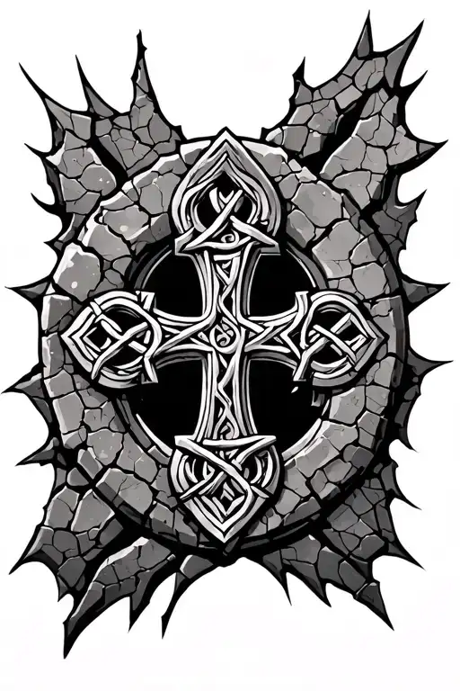 detailed cracked stone  Celtic cross neo traditional  tattoo design idea