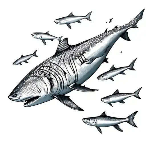 swarm of fish following a whale shark swimming tattoo design idea