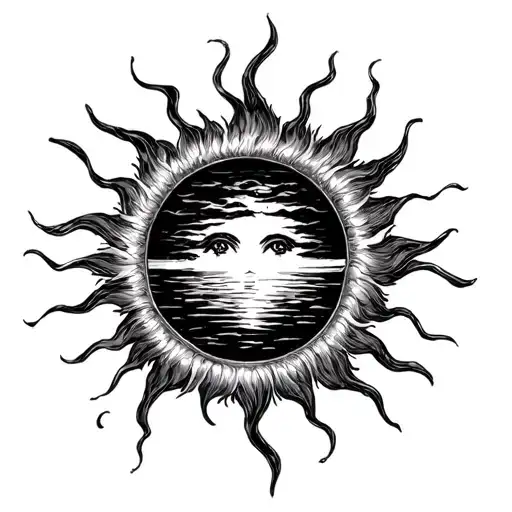 A sunset, and then Nyx wrapping the sun in darkness peacefully, put within a frame to look like a painting tattoo design idea