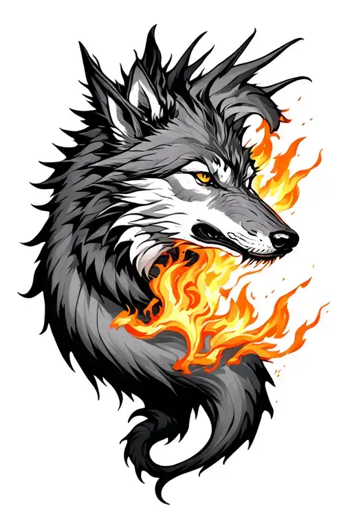 wolf and dragon breathing fire tattoo design idea