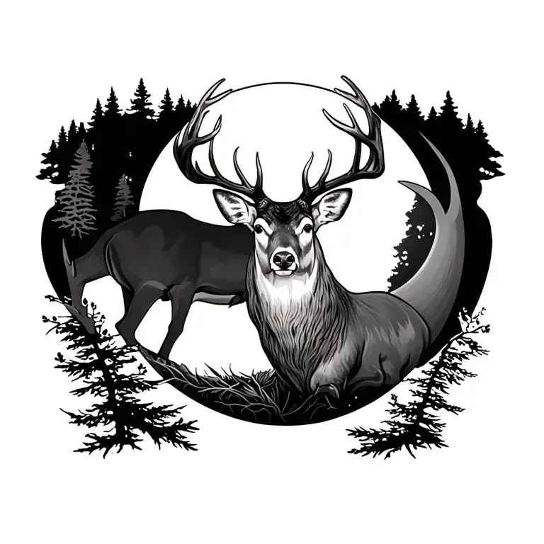 whitetail buck and moon surrounded tattoo design idea