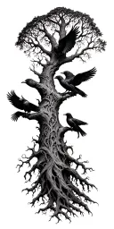 Yggdrasil tree with Odin and two ravens Huginn and Muninn tattoo design idea