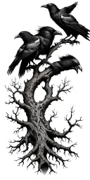 Yggdrasil tree with Odin and two ravens Huginn and Muninn tattoo design idea