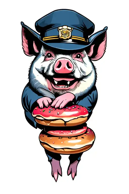 Pig Cop pigging out on donuts stacked tattoo design idea