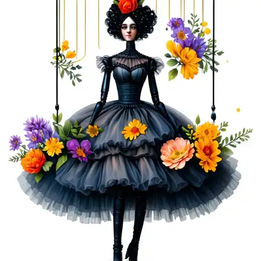 marionette girl, flowers, tarot card tattoo design idea