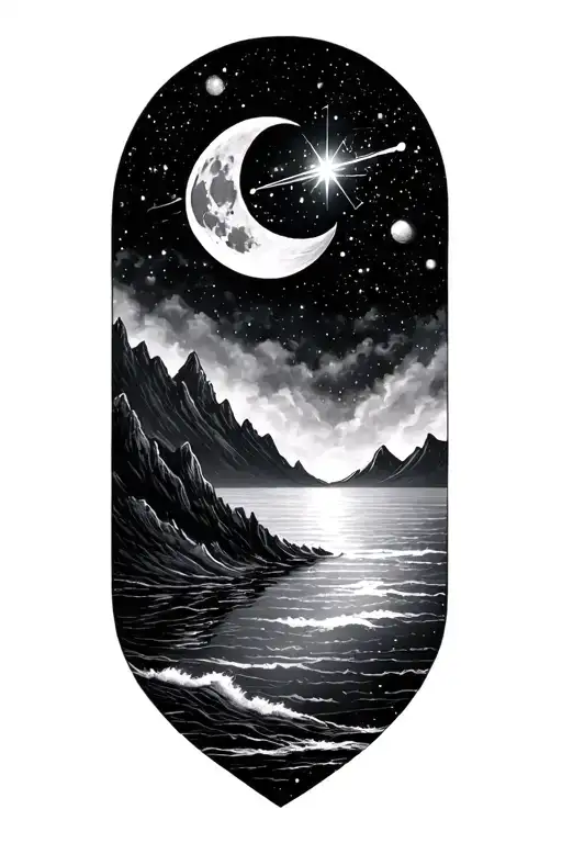 ocean, moon, big dipper, mountains Leo constellation ufos tattoo design idea