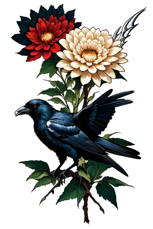 Japanese chrysanthemums have human claw marks inside, and crows are healing the wound. tattoo design idea