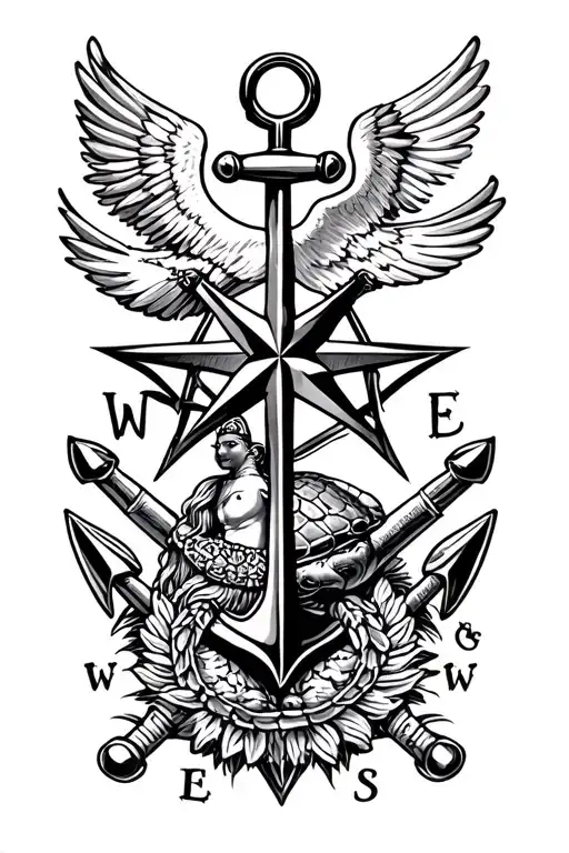 Nautical star, Swallow x6, Anchor, Hula Girl, Shellback Turtle, Crossed Cannons, King Neptune, Compass Rose tattoo design idea