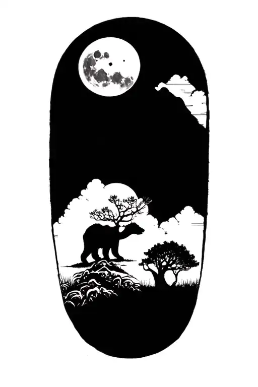 men half sleeve tree bear moon tattoo design idea