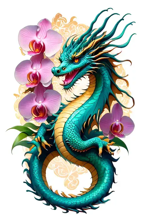 dragon with orchids  tattoo design idea