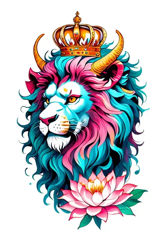 colored demon lion with crown by lotus flower tattoo design idea