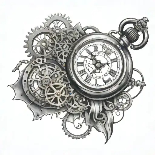 a single bloody nonfunctional pocket watch broken into multiple parts with a steampunk theme tattoo design idea
