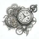 a single bloody nonfunctional pocket watch broken into multiple parts with a steampunk theme tattoo design idea