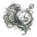a single bloody nonfunctional pocket watch broken into multiple parts with a steampunk theme tattoo design idea