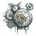 a single bloody nonfunctional pocket watch broken into multiple parts with a steampunk theme tattoo design idea