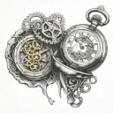 a single bloody nonfunctional pocket watch broken into multiple parts with a steampunk theme tattoo design idea