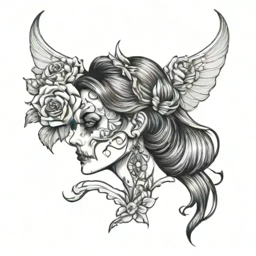 skull devil girl flower tattoo design idea