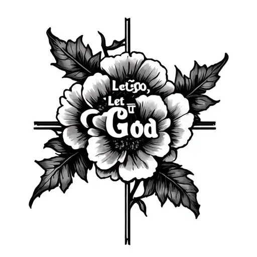 horizontal cross with "Let go, Let God" as the vine of a carnation flower tattoo design idea