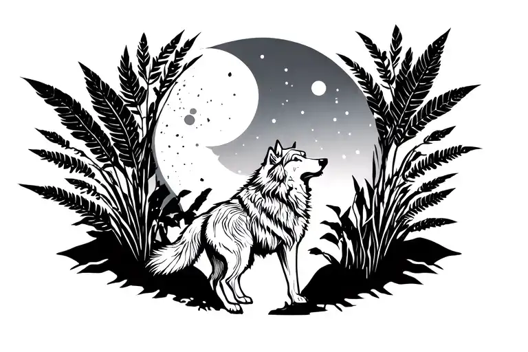 wolf howling at the moon in jungle scene tattoo design idea