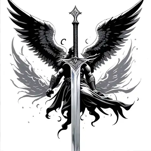Archangel Michael fighting minimalistic sword and wings with lines tattoo design idea