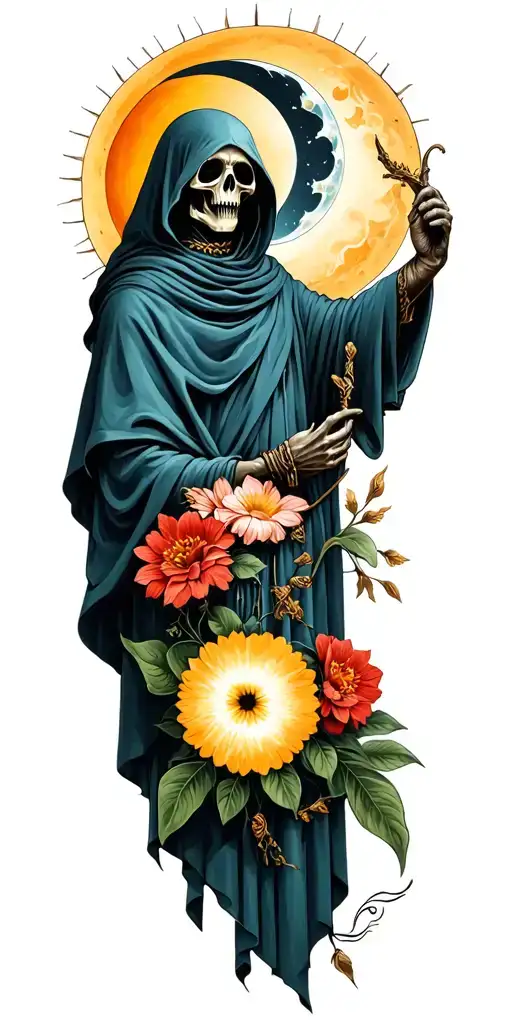grim reaper full body with sun and moon with flowers tattoo design idea