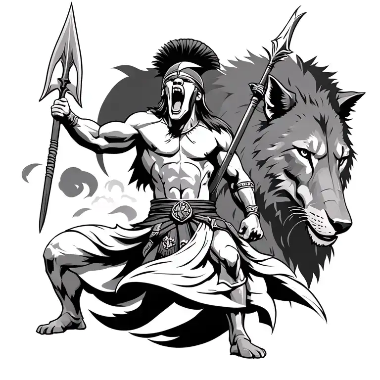 a 300 Spartans warrior style gladeator, shouting and raising a spear, in the background a wolf and a lion tattoo design idea