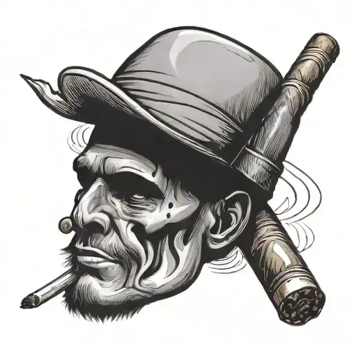 Vertical line with a horizontal line cutting through it. Corners have a cigar, flat cap, chocolate bar and a mug tattoo design idea