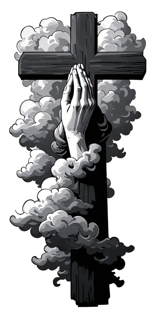 cross with praying hands with clouds surrounding tattoo design idea