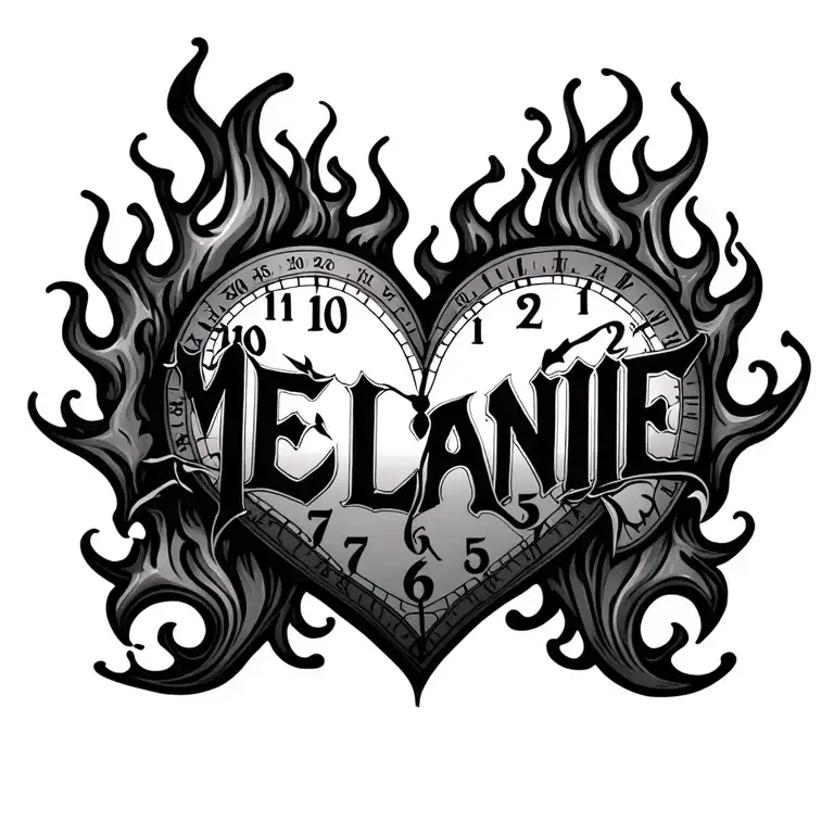 "Mélanie" clock heart in flame tattoo design idea