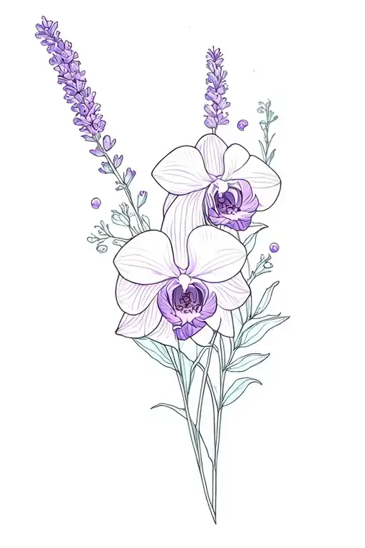 Orchid, Daisy, Lavander, Sea with hidden long curly hair without face tattoo design idea