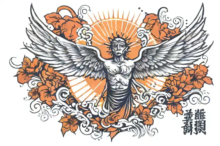 Philippians 4:6 verse with sun rays and wings spread wide tattoo design idea