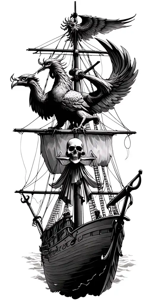 cosmic horror scene on pirate ship involving a phoenix, a medusa, an anchor and a grim reaper tattoo design idea