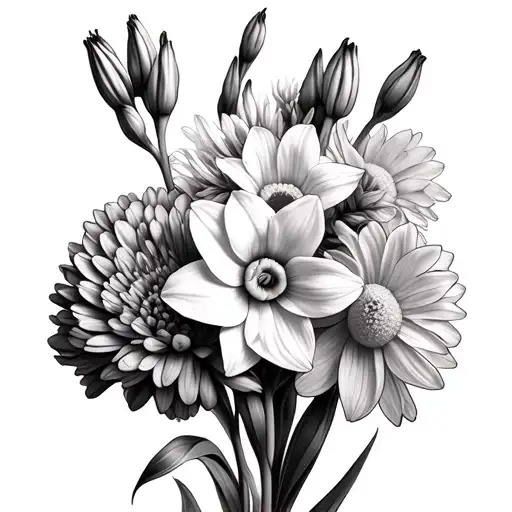 daffodil, gladiolus and chrysanthemum flowers together on tattoo design idea