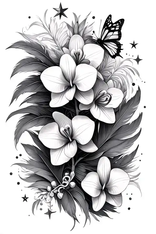Orchids, lilies, butterflies, stars, infinity signs from feathers tattoo design idea