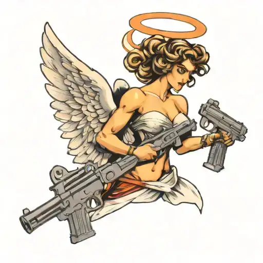 angel holding two guns on their hip  tattoo design idea