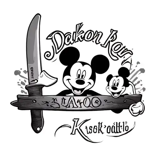 Doakon with a long body and a Mickey Mouse and a table knife tattoo design idea
