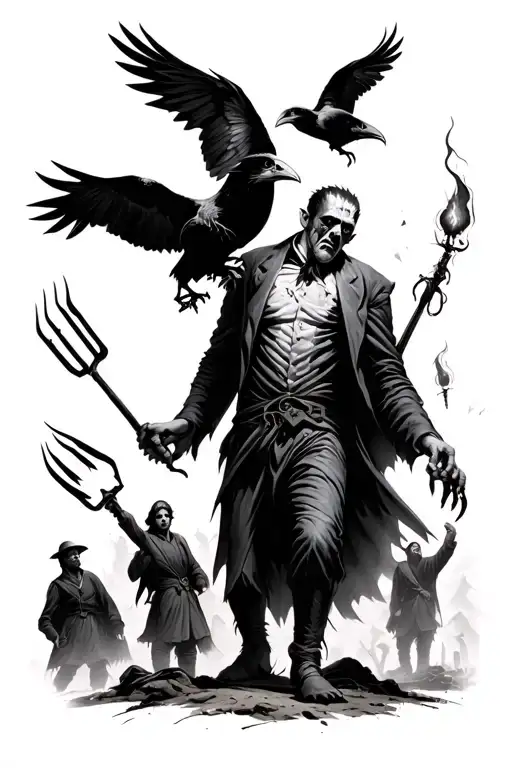 Frankenstein's monster releasing Ravens with townspeople holding pitchforks and torches surrounding him.  tattoo design idea