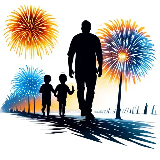 Fireworks in the background with a dad and two children in a silhouette walking along a pathway towards them tattoo design idea